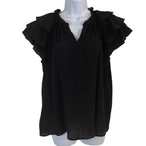Nanette Lepore Women's M Black Ruffle Tiered Sleeve Split V-Neck Blouse Top Chic